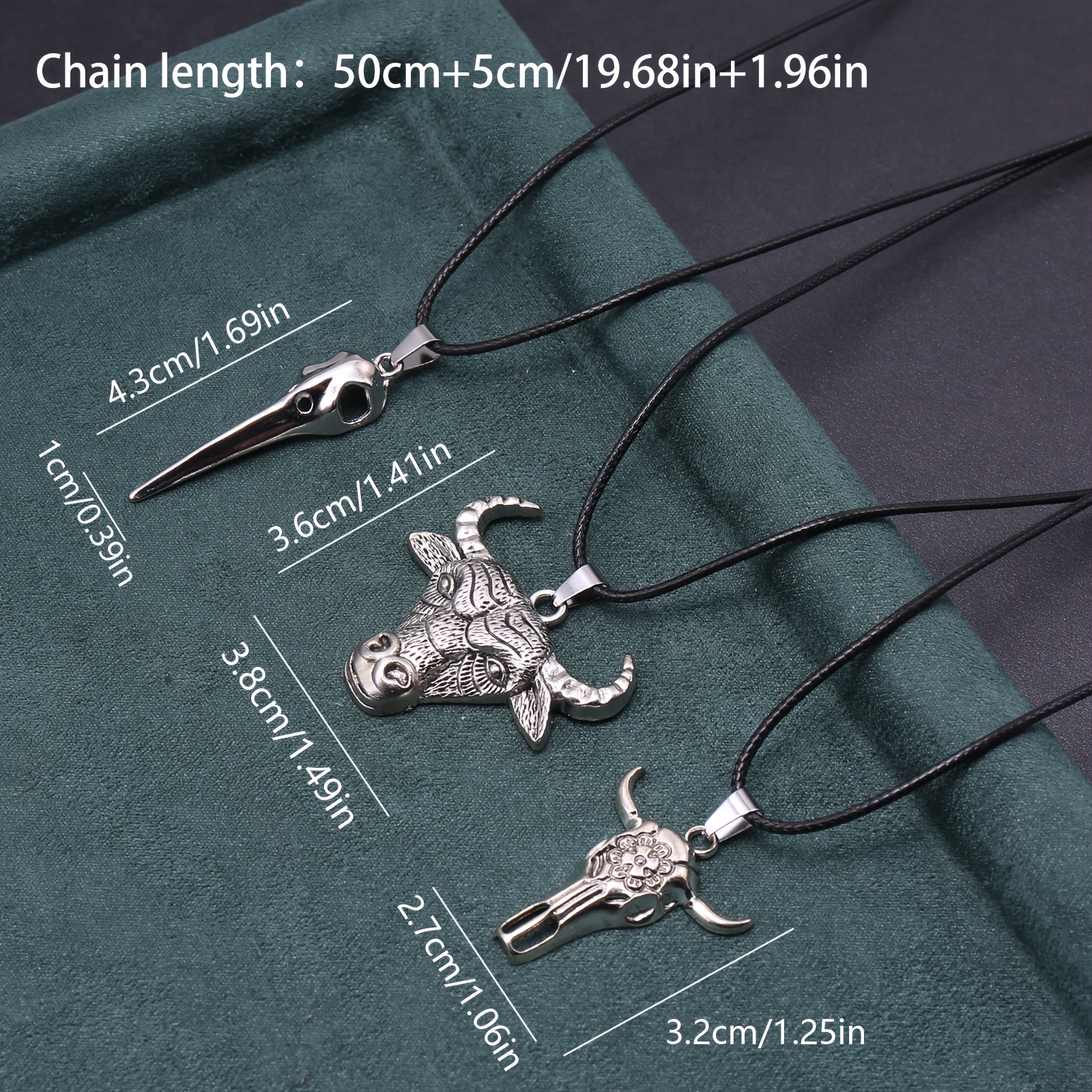 3pc Handmade Bull Head & Bird Skull Pendant Necklace Set